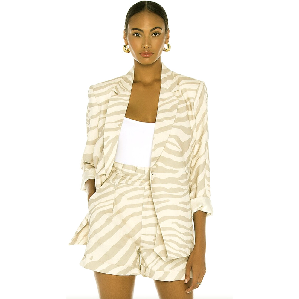 Calvin Klein Womans 10 LINEN Zebra Print Blazer Oversized Jacket Tan Cream White